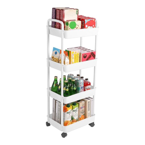 Vtopmart 4 Tier Rolling Cart with Wheels, Detachable Utility Storage Cart with Handle and Lockable Casters, Storage Basket Organizer Shelves, Easy Assemble for Bathroom, Kitchen, white