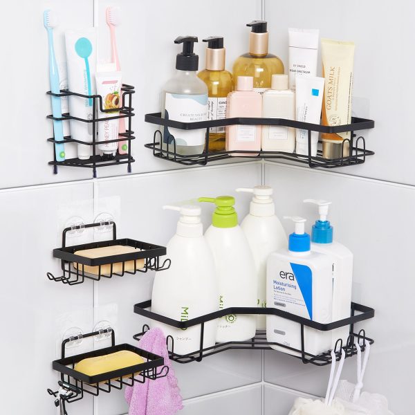 Vtopmart Corner Shower Caddy Organizer, 5 Pack shower shelves, No Drilling Adhesive, Wall Mounted Bathroom Organizer, Black