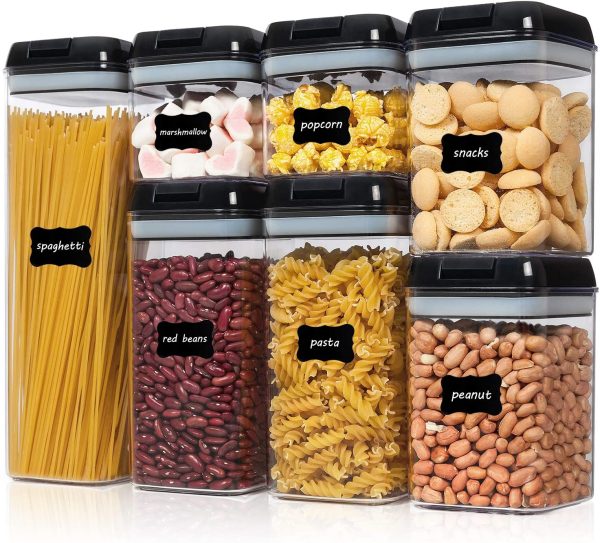 Airtight Food Storage Containers, Vtopmart 7 Pieces BPA Free Plastic Cereal Containers with Easy Lock Lids, for Kitchen Pantry Organization and Storage, Include 24 Labels,Black