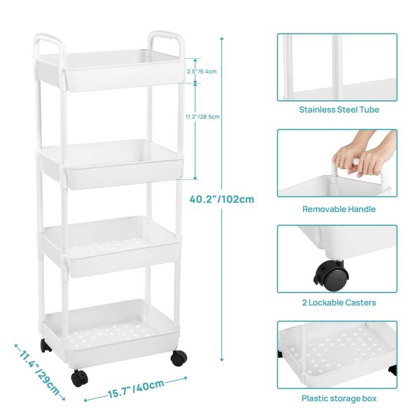 Vtopmart 4 Tier Rolling Cart with Wheels, Detachable Utility Storage Cart with Handle and Lockable Casters, Storage Basket Organizer Shelves, Easy Assemble for Bathroom, Kitchen, white - Image 2