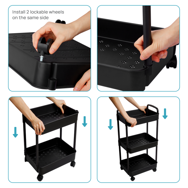 Vtopmart 3 Tier Rolling Cart with Wheels, Detachable Utility Storage Cart with Handle and Lockable Casters, Heavy Duty Storage Basket Organizer Shelves, Easy Assemble for Office, Bathroom, Kitchen - Image 2