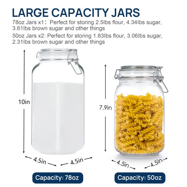 Vtopmart 3 PCS Airtight Glass Jars with Lids, Vtopmart 3 PCS Food Storage Canister, Square Mason Jar Containers, 78oz*1+50oz*2 - Image 2