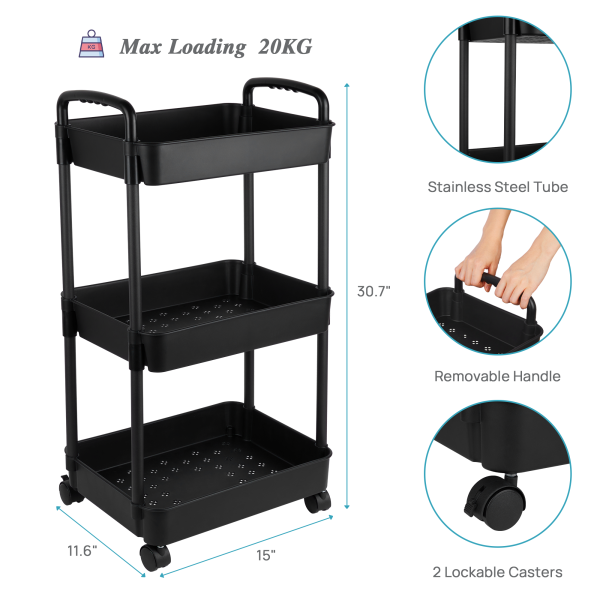 Vtopmart 3 Tier Rolling Cart with Wheels, Detachable Utility Storage Cart with Handle and Lockable Casters, Heavy Duty Storage Basket Organizer Shelves, Easy Assemble for Office, Bathroom, Kitchen - Image 3