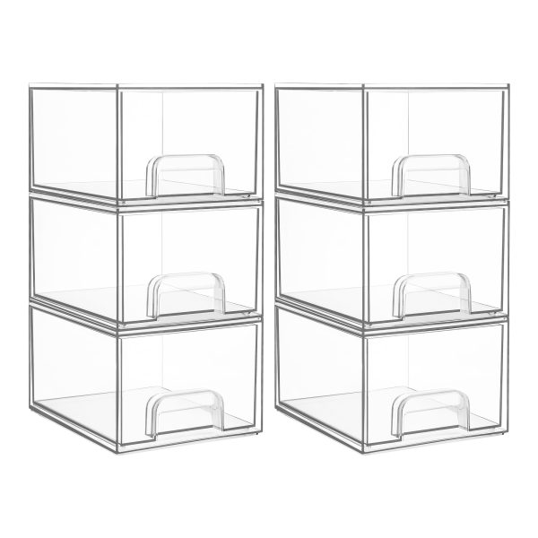 Vtopmart 6 Pack Clear Stackable Plastic Storage Drawers, 4.4'' Tall Acrylic Bathroom Makeup Organizer