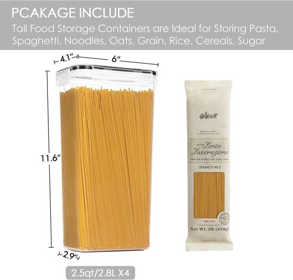 Vtopmart Airtight Food Storage Containers With Lids, 4 PCS 2.8L Pasta Containers for Pantry Organization and Storage, BPA Free Kitchen Storage Containers for Spaghetti, Flour, Sugar and Noodles, Black Visit the Vtopmart Store - Image 2