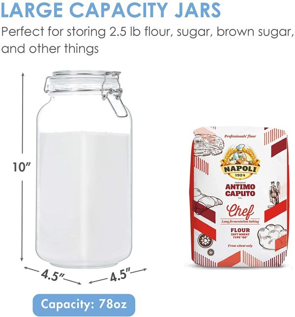 Vtopmart 78oz Glass Food Storage Jars with Airtight Clamp Lids, 3 Pack Large Kitchen Canisters for Flour, Cereal, Coffee, Pasta and Canning, Square Mason Jars with 8 Chalkboard Labels - Image 2