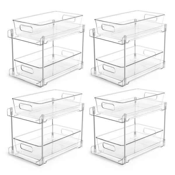 Vtopmart 2 Tier Bathroom Storage Organizer, 4 Pack Clear Under Sink Organizers Vanity Counter Storage Container, Medicine Cabinet Drawers Bins, Pull-Out Organization with Track for Pantry, Kitchen