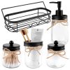 Vtopmart 5 Pcs Mason Jar Bathroom Accessories Set, Lotion Soap Dispenser, Toothbrush Holder, 2 Cotton Swab Holder, Metal Wire Storage Basket, Rustic Farmhouse Decor for Countertop Kitchen, Black