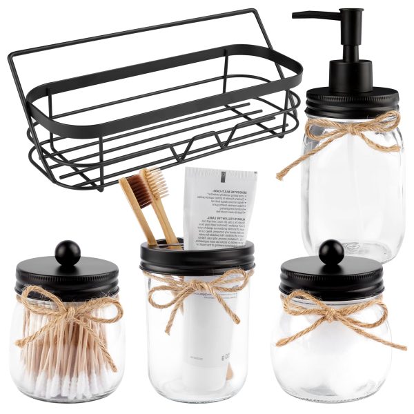 Vtopmart 5 Pcs Mason Jar Bathroom Accessories Set, Lotion Soap Dispenser, Toothbrush Holder, 2 Cotton Swab Holder, Metal Wire Storage Basket, Rustic Farmhouse Decor for Countertop Kitchen, Black