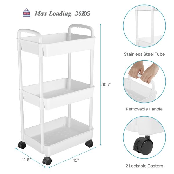 Vtopmart 3 Tier Utility Rolling Cart with Handle and Lockable Wheels, Detachable, Heavy Duty Storage Basket Organizer Shelves, Easy Assemble for Office, Bathroom, Kitchen - Image 2