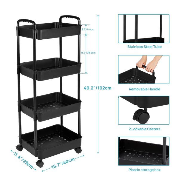 Vtopmart 4 Tier Rolling Cart with Wheels, Detachable Utility Storage Cart with Handle and Lockable Casters, Storage Basket Organizer Shelves, Easy Assemble for Bathroom, Kitchen, Black - Image 2
