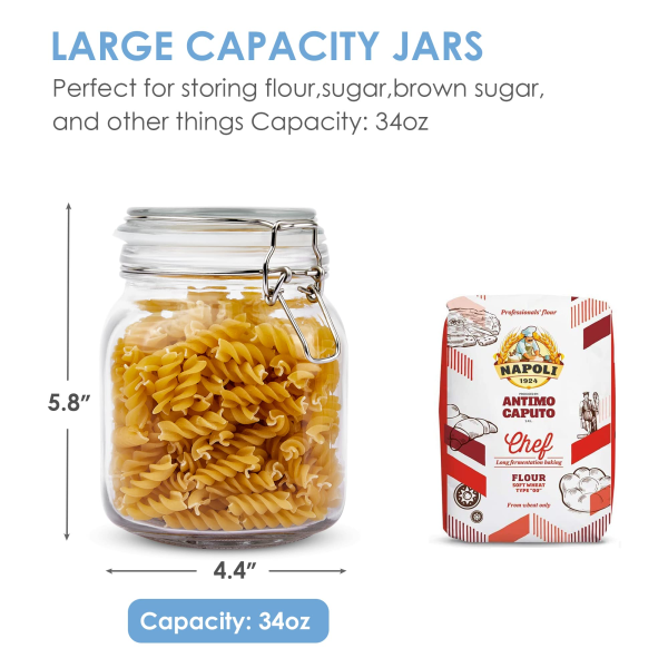 Vtopmart 34oz Glass Food Storage Jars with Airtight Clamp Lids, 3 Pack Kitchen Canisters for Flour, Cereal, Coffee, Pasta and Canning, Square Mason Jars with 8 Chalkboard Labels - Image 2