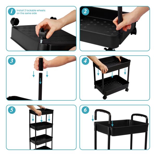 Vtopmart 4 Tier Rolling Cart with Wheels, Detachable Utility Storage Cart with Handle and Lockable Casters, Storage Basket Organizer Shelves, Easy Assemble for Bathroom, Kitchen, Black - Image 3