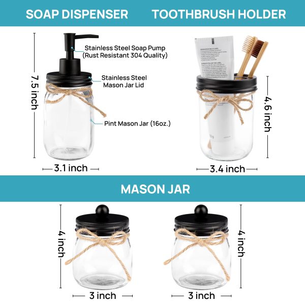 Vtopmart 5 Pcs Mason Jar Bathroom Accessories Set, Lotion Soap Dispenser, Toothbrush Holder, 2 Cotton Swab Holder, Metal Wire Storage Basket, Rustic Farmhouse Decor for Countertop Kitchen, Black - Image 5