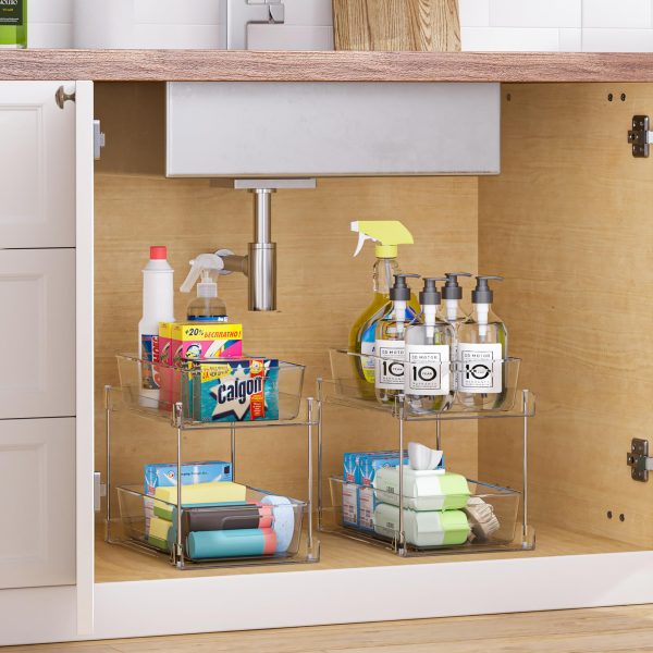 Vtopmart 2 Tier Bathroom Storage Organizer, 4 Pack Clear Under Sink Organizers Vanity Counter Storage Container, Medicine Cabinet Drawers Bins, Pull-Out Organization with Track for Pantry, Kitchen - Image 5
